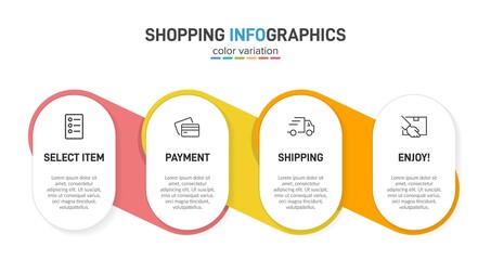 Concept of shopping process with 4 successive steps. Four colorful graphic elements. Timeline design for brochure, presentation, web site. Infographic design layout.