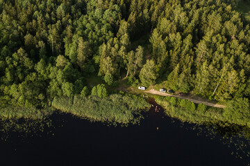 Lake Podnieku in summer evening, captured from above. 