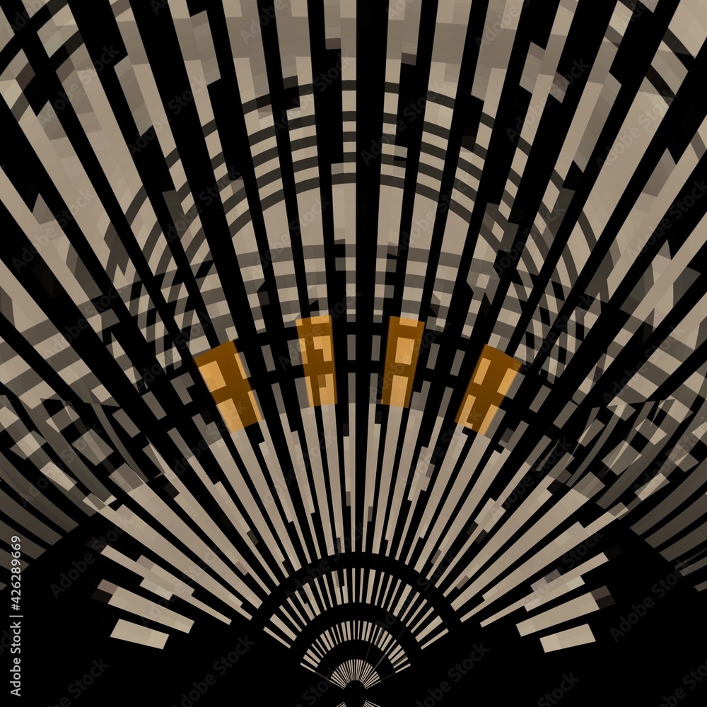 Poster 3d design in grey orange and white on a jet black background intricate patterns and shapes