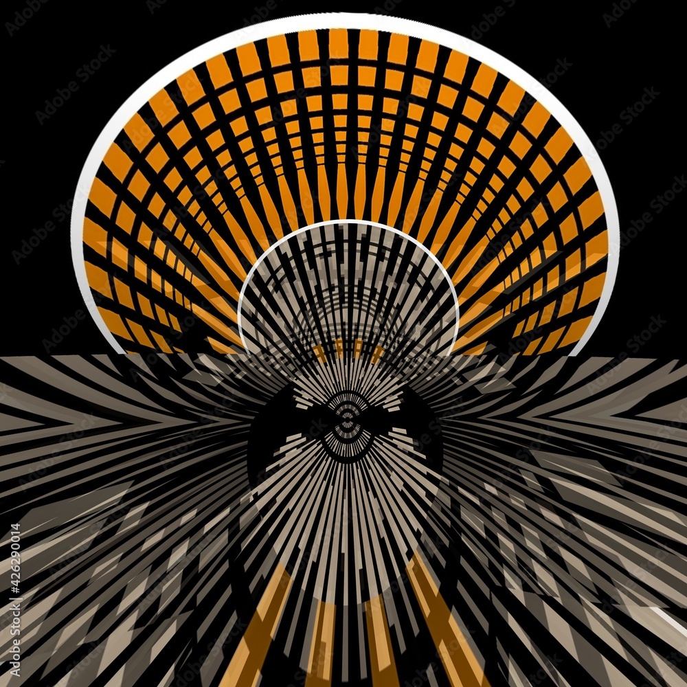 Poster 3d design in grey orange and white on a jet black background intricate patterns and shapes