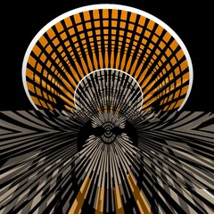 3d design in grey orange and white on a jet black background intricate patterns and shapes