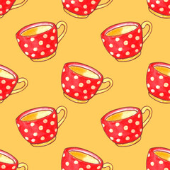 Seamless pattern with red polka dot cups. Watercolor Background and texture with Mugs from hot drink. Hand drawn kitchen supplies. Perfect for packaging, home decoration, textile, menu, cafe