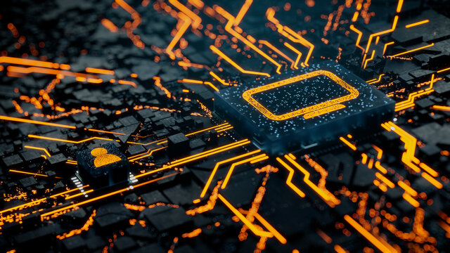 Display Technology Concept with Monitor symbol on a Microchip. Orange Neon Data flows between the CPU and the User across a Futuristic Motherboard. 3D render.