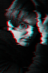 black and white face of a man with art glitch effect