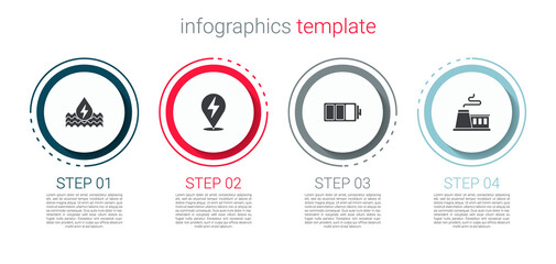Set Water energy, Lightning bolt, Battery and Factory. Business infographic template. Vector