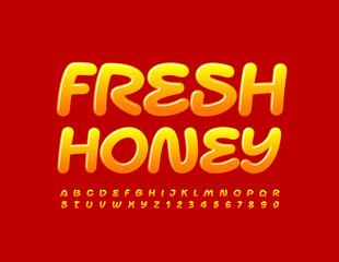 Vector creative badge Fresh Honey. Bright gradient Font. Artistic style Alphabet Letters and Numbers set