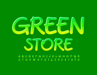 Vector concept emblem Green Store. Artistic style Font. Gradient color Alphabet Letters and Numbers