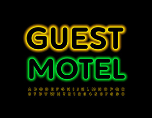 Vector neon banner Guest Motel. Illuminated light Font. Glowing set of Alphabet Letters and Number