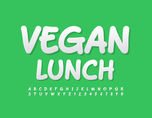 Vector modern sign Vegan Lunch. White Handwritten Font. Creative Alphabet Letters and Numbers set