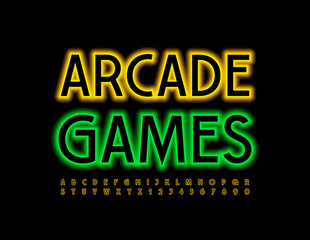Vector creative logo Arcade Games. Electric glow Font. Set of Neon Alphabet Letters and Numbers