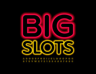 Vector neon sign Big Slots. Yellow Alphabet Letters and Numbers set. Glowing modern Font