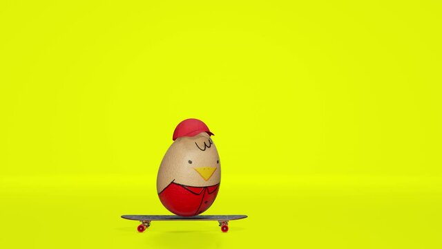 3d rendering characters animation looping of the cute easter egg skateboarder on a yellow studio background with luma matte section.
