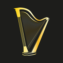 Vector golden harp silhouette isolated on black background.
