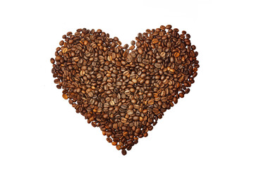 heart shaped roasted coffee beans,isolated on a white background