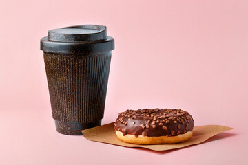 Coffee cup, donut - take away food concept