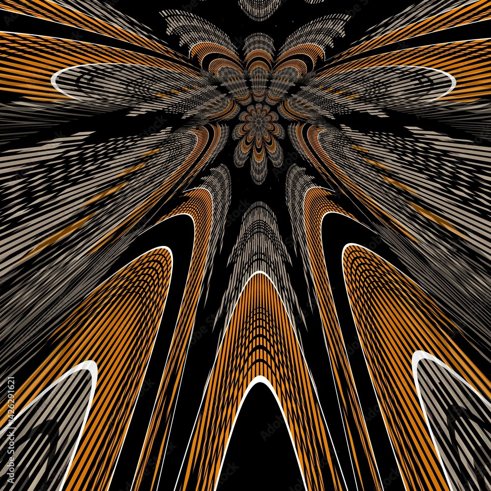 Poster 3d design in grey orange and white on a jet black background intricate patterns and shapes