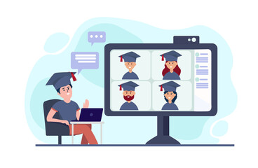 A young happy man, a student at home in front of a computer celebrates graduation ceremony in the face of an online pandemic. Vector illustration. Concept of obtaining education,  knowledge  distance.