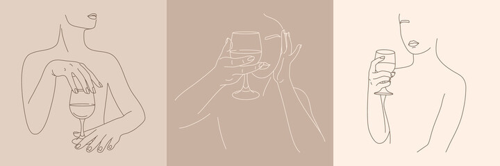 Set of Woman Holding Wineglass in a Minimal Trendy Linear Style . Vector Fashion Illustration of Female Figure.