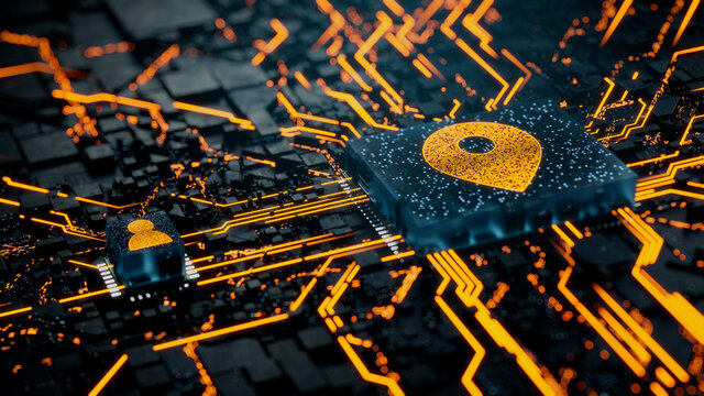 Location Technology Concept with map pin symbol on a Microchip. Orange Neon Data flows between the CPU and the User across a Futuristic Motherboard. 3D render.