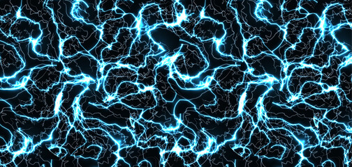 Lightning explosion. Thunder sky thunder storm blast, ice cracs textured. Electric power burst energy bang. Blue crack with light effect on black background. Vector illustration