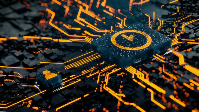 Time Technology Concept with clock symbol on a Microchip. Orange Neon Data flows between the CPU and the User across a Futuristic Motherboard. 3D render.