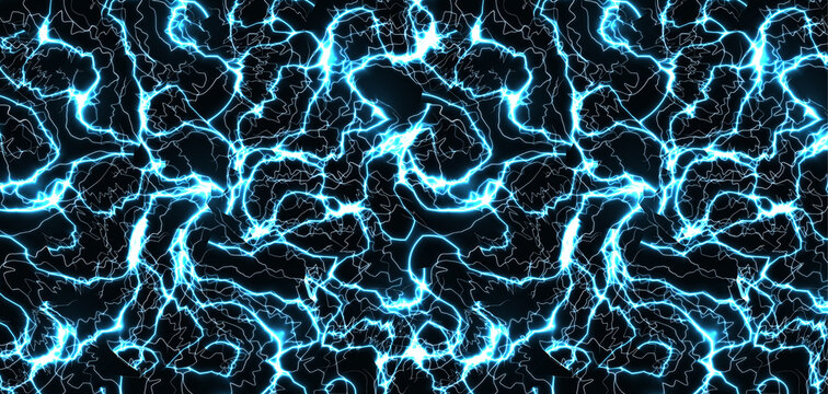 Lightning explosion. Thunder sky thunder storm blast, ice cracs textured. Electric power burst energy bang. Blue crack with light effect on black background. Vector illustration