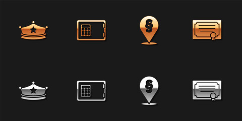 Set Police cap with cockade, Safe, Location law and Certificate template icon. Vector