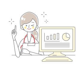 パソコンの前で説明をする医者のイラスト