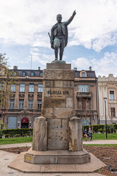 Belgrade, Serbia - March 28, 2021: Monument to Vojvoda Vuk is a sculpture in the Park Spring in Belgrade. The sculpture was created by Djordje Jovanovic in 1922 and the monument was erected in 1936. 