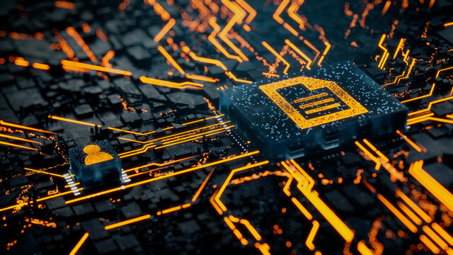 Word document Technology Concept with document symbol on a Microchip. Orange Neon Data flows between the CPU and the User across a Futuristic Motherboard. 3D render.