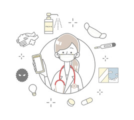 スマホを持つマスクをした医者とマークセットのイラスト