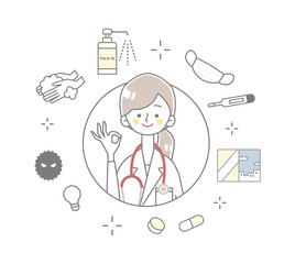 OKサインの医者とマークセットのイラスト