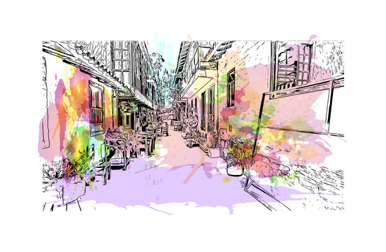 Building view with landmark of Duitama is the 
city in Colombia. Watercolour splash with hand drawn sketch illustration in vector.