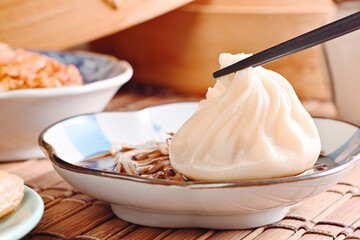 Close up shot of pork soup dumpling