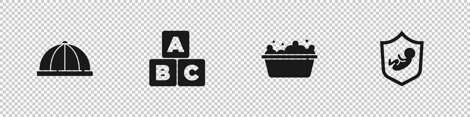 Set Baby hat, ABC blocks, bathtub and on shield icon. Vector