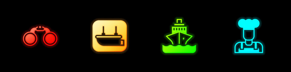 Set Binoculars, Lifeboat, Cruise ship and Cook icon. Vector