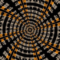 hexagonal spiralling twisted kaleidoscopic design in orange white grey and black colours