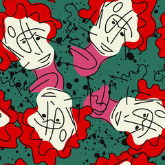 Seamless abstract unusual pattern with hand drawn faces