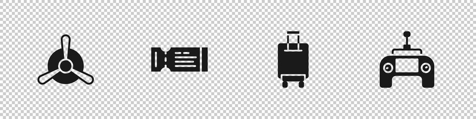 Set Plane propeller, Airline ticket, Suitcase and Drone remote control icon. Vector