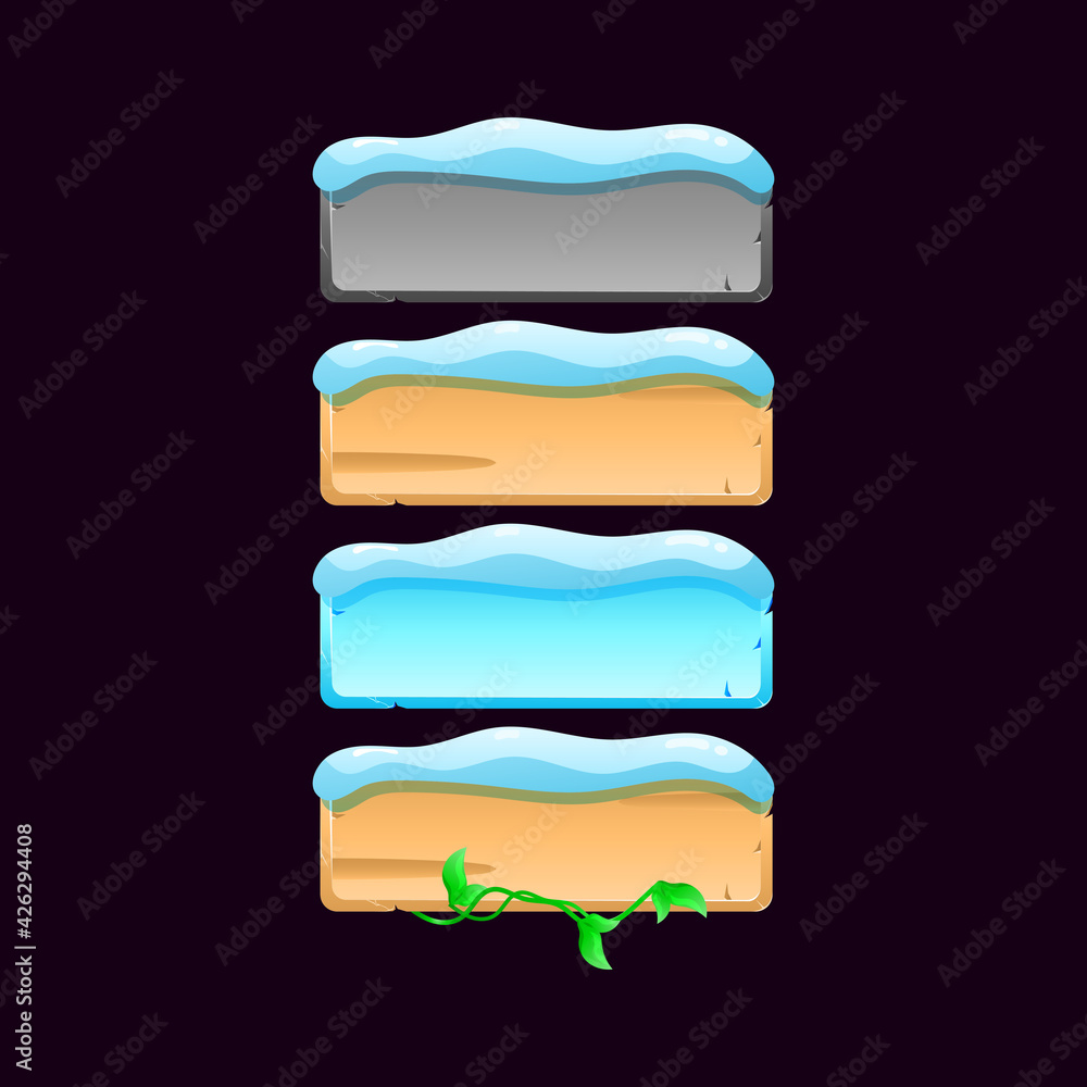 Poster set of winter game ui board button icon. stone, wooden, leaf, snow texture for gui asset elements ve