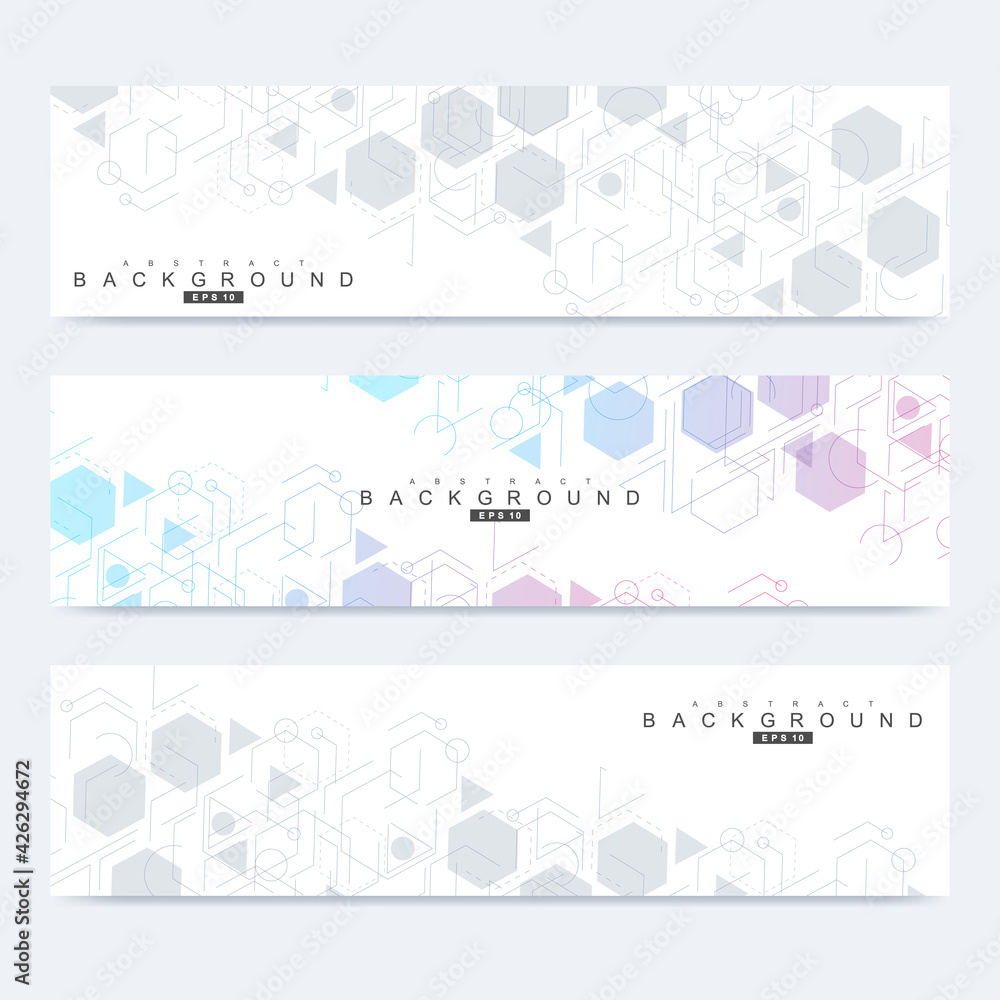 Poster scientific set of modern vector banners. dna molecule structure with connected lines and dots. scien