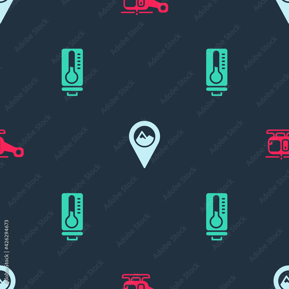 Poster Set Rescue helicopter, Location with mountain and Meteorology thermometer on seamless pattern. Vector