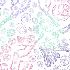 Contour drawing of seashells and snags on a white background. Seamless pattern. Marine background.