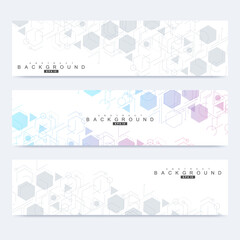 Scientific set of modern vector banners. DNA molecule structure with connected lines and dots. Scientific and technology concept. Wave flow graphic background for your design. Vector illustration.