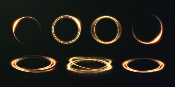 Abstract Vector Light Effect Of Golden Line Of Light. Movement Light Lines Moving In A Circle. Lighting Equipment For Advertising Brochures, Banners And Materials.