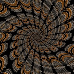 hexagonal spiralling twisted kaleidoscopic design in orange white grey and black colours