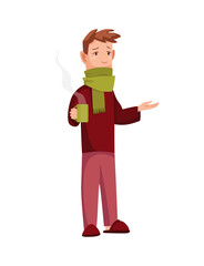 Flu cold. Flu or common cold treatment at home. Man with cup in hand. Season allergy. Allergy sick or flu concept