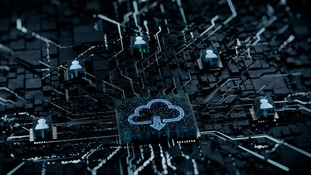 Data storage Technology Concept with cloud download symbol on a Microchip. White Neon Data flows between Users and the CPU across a Futuristic Motherboard. 3D render.