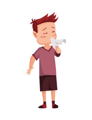 Flu cold. Flu or common cold treatment at home. Young man with handkerchief in hand. Season allergy. Allergy sick or flu concept