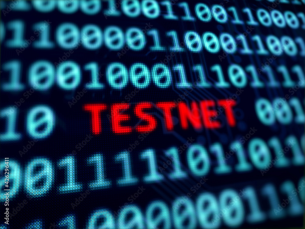 Poster testnet red text between binary code blue screen
